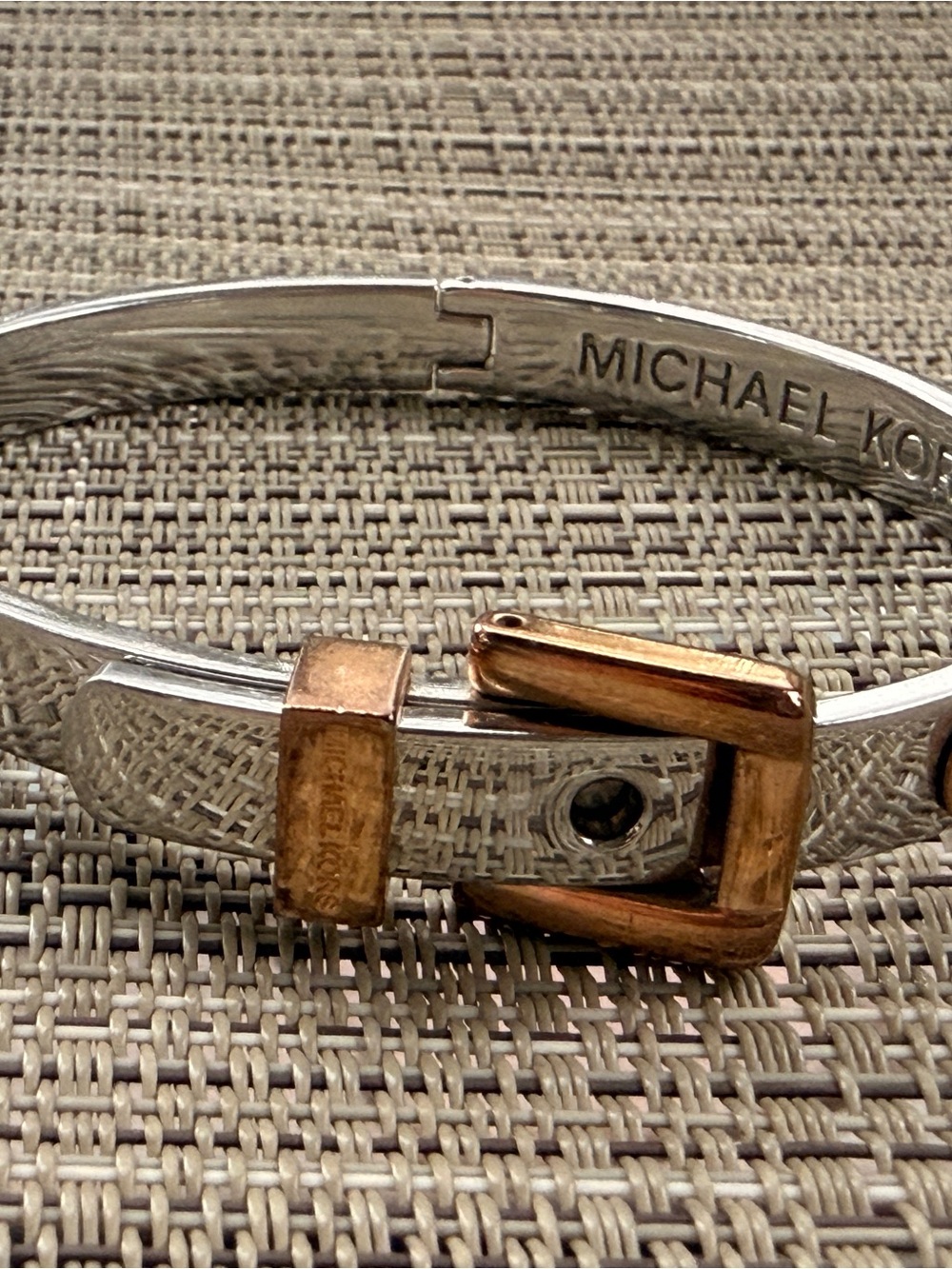 Signed Michael Kors Belt Buckle Silver & Gold Tone Studded Hinged Cuff Bracelet